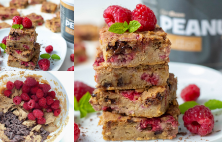 Fresh chickpea blondies with raspberries and chocolate